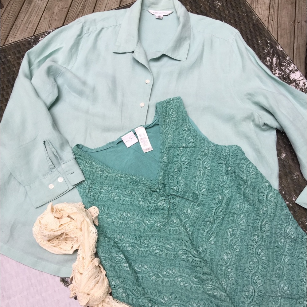 💕Mint Button Linen Blouse & Lace Tank top Oufit!