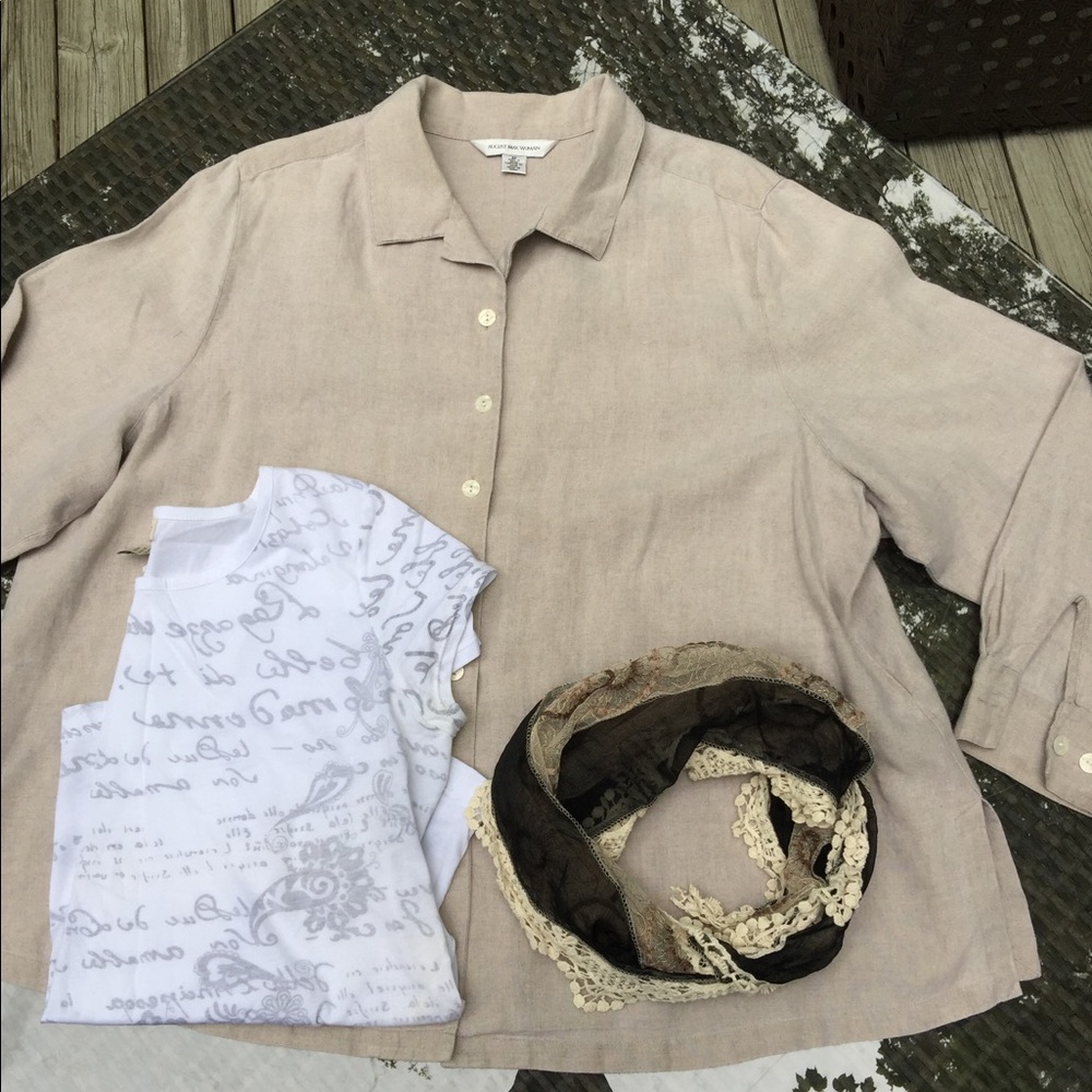 💕Linen Button down Blouse & white T shirt Outfit!