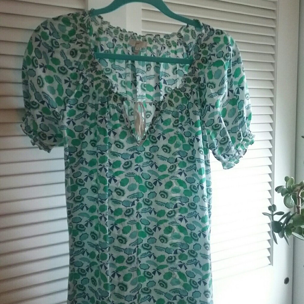 Silk turquoise & teal umbrella print tunic top