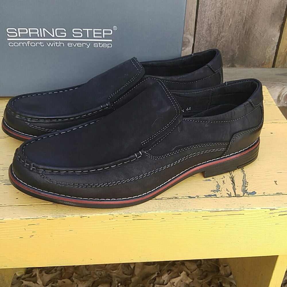 Spring Step Black Leather Loafers Men's New