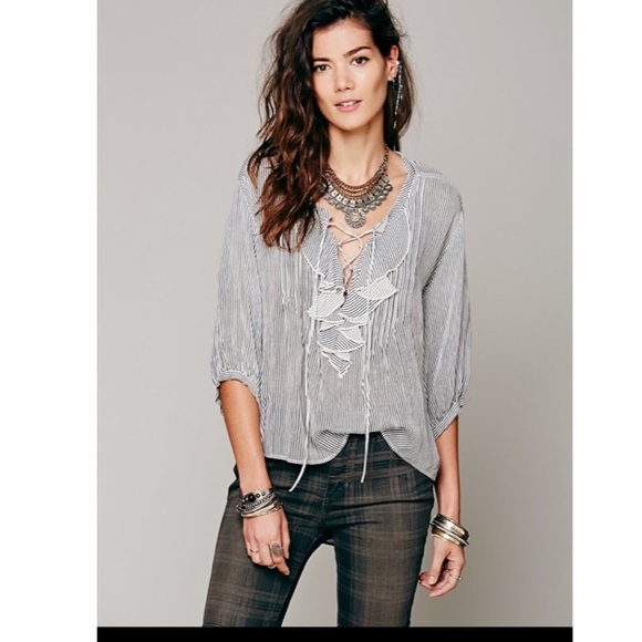 Free People Tops - Free People One Stripe Ruffle Me Up Blouse ML