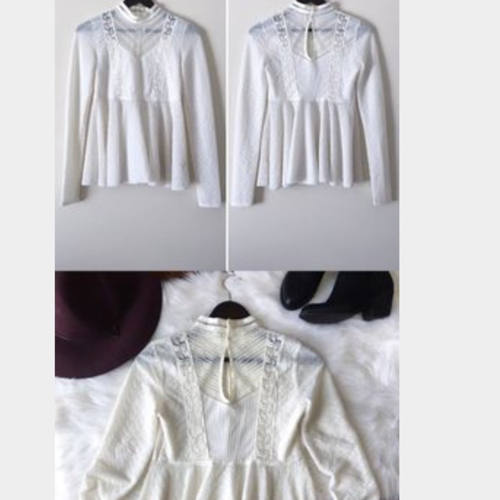 FREE PEOPLE High Collar silk trim lace blouse