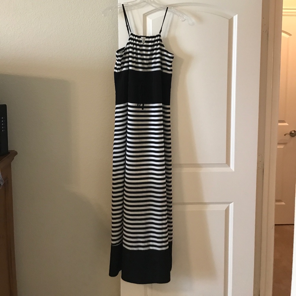 Black and white striped maxi dress.