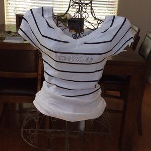 Bebe V neck white striped top
