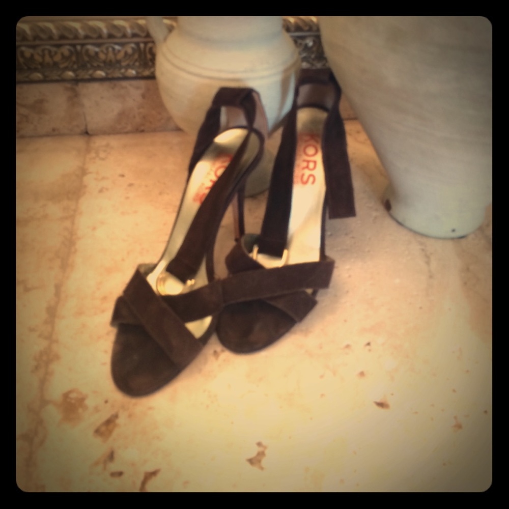Michael Kors brown suede ankle strap heels