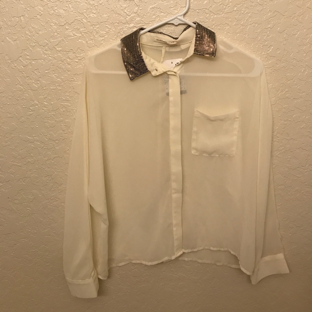 Cream Button Down Sequin Collar Shirt