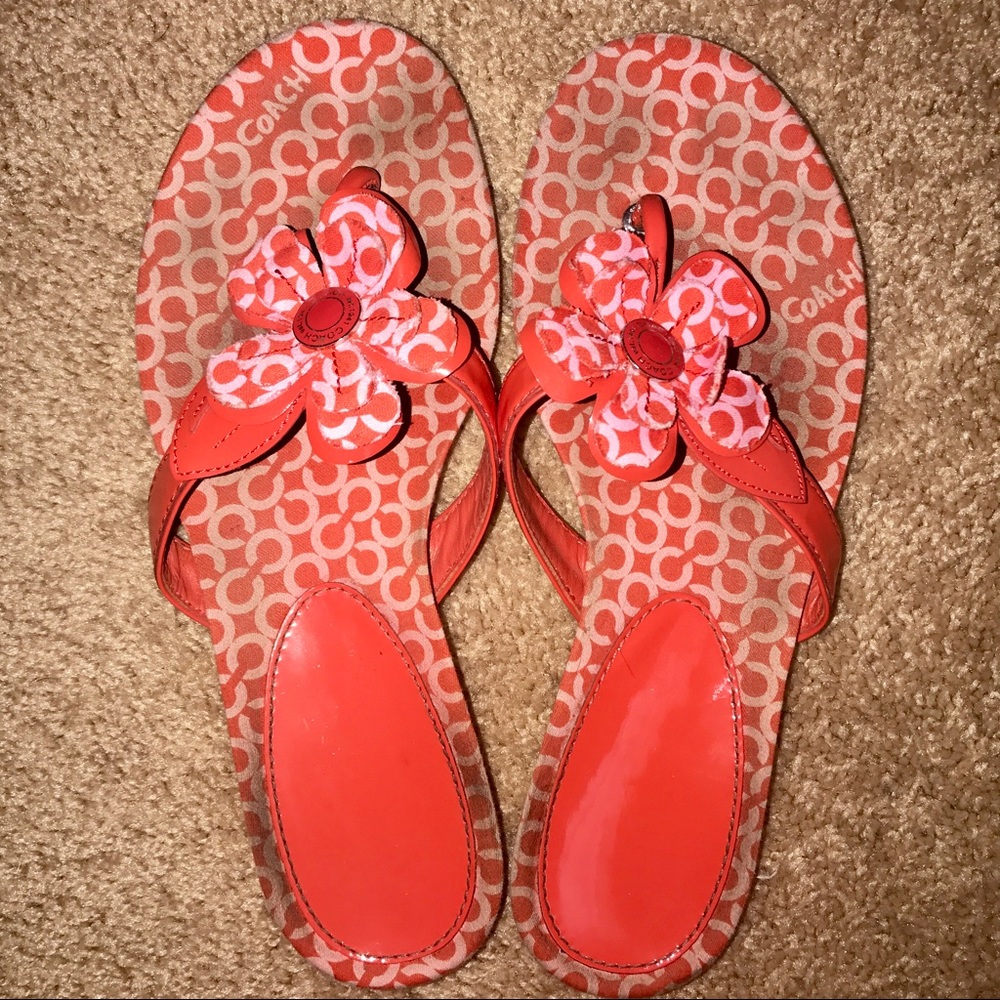 Authentic Pink and Red Flower Coach Flip Flops