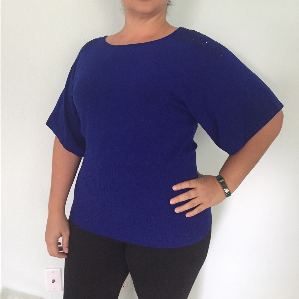 Vibrant Blue Top with Black Crystals on Shoulders