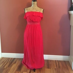 Red floor length summer maxi dress.