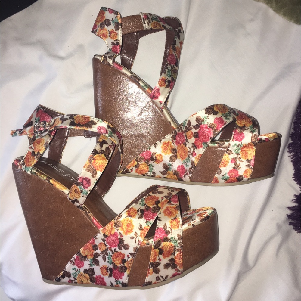 Floral and brown wedges! NEVER WORN