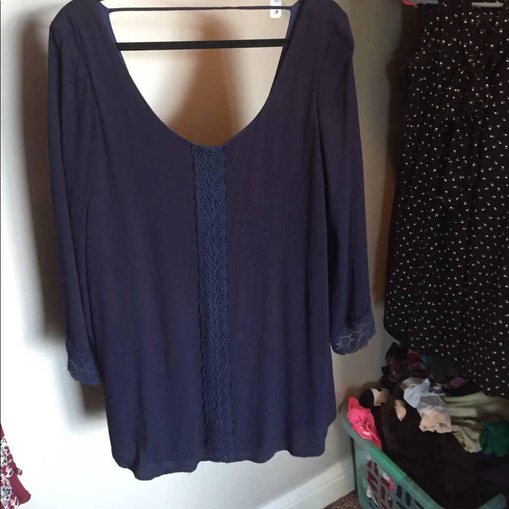 Navy lace embroidered low back tunic dress