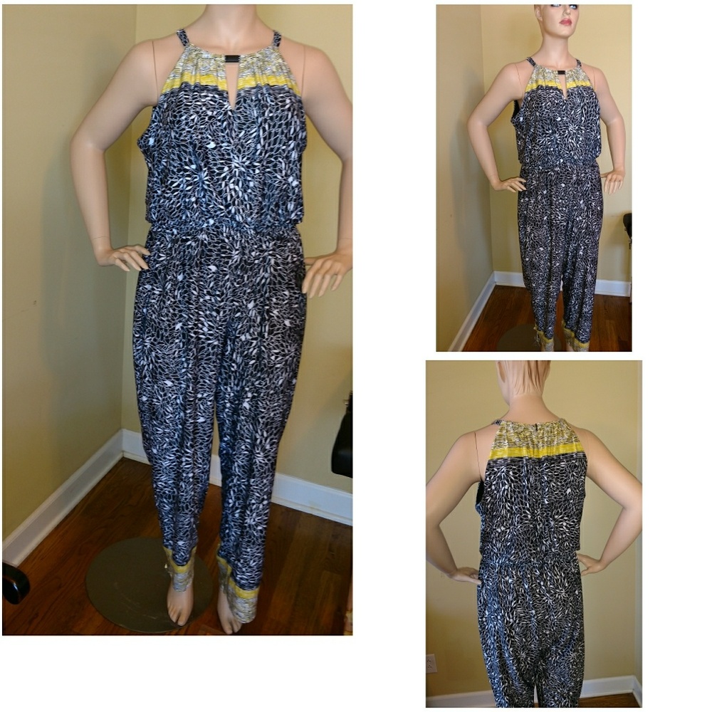 Jumpsuit black, yellow and white mixed media print