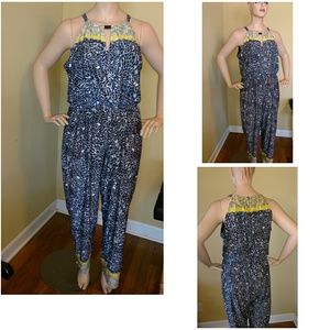 Jumpsuit black, yellow and white mixed media print