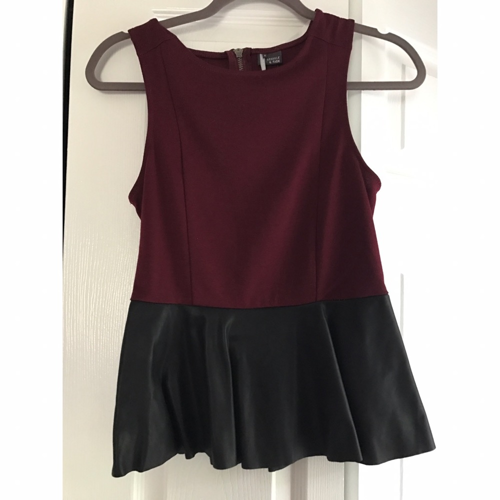 NWT SPARKLE & FADE PEPLUM TOP W FAUX LEATHER SZ S