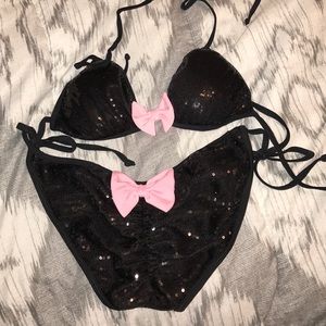 Black sparkly bikini with pink bows