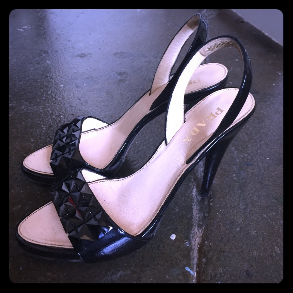 Prada black patent slingback heels