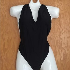 Deep V low back Black one piece swimsuit