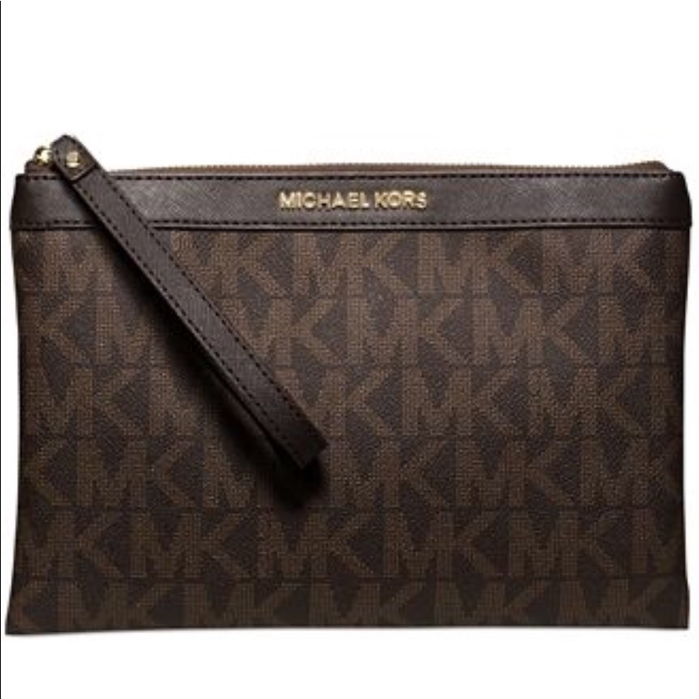 Michael Kors brown & black large zip top wristlet