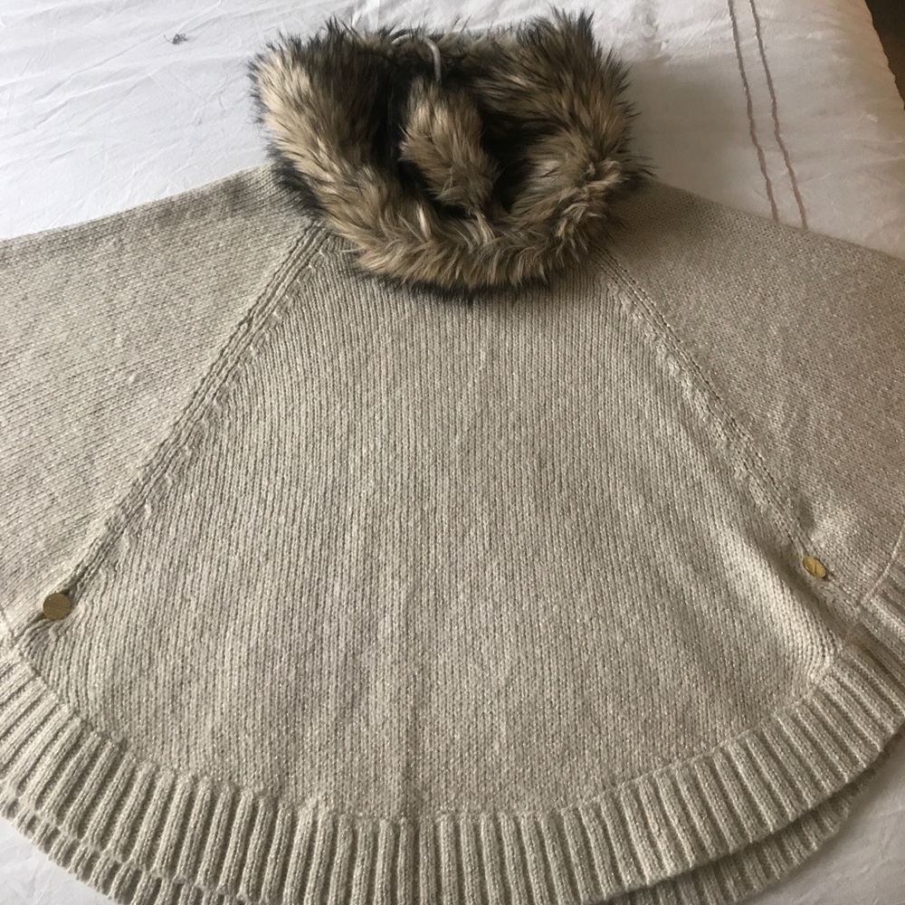 Michael Kors Sweater Poncho with Faux Fur Collar
