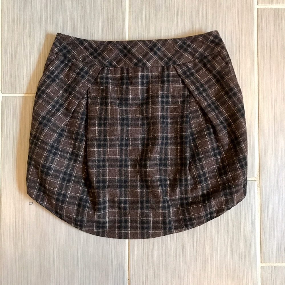 Black Brown White Lined Plaid Skirt with Pockets