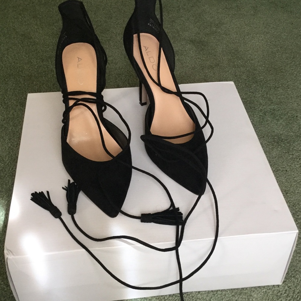 ALDO classic black wrap around the ankle heels