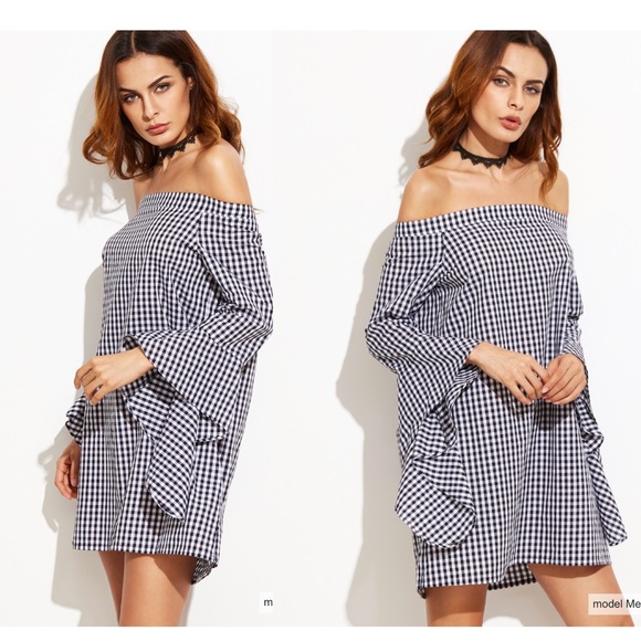 Dresses & Skirts - Gingham Bell Sleeve Bardot Dress - NWT