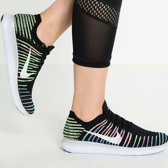NWT Nike Free RN Flyknit Black Rainbow Shoe - Picture 8 of 8