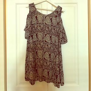 Cold shoulder Navy and Beige print dress