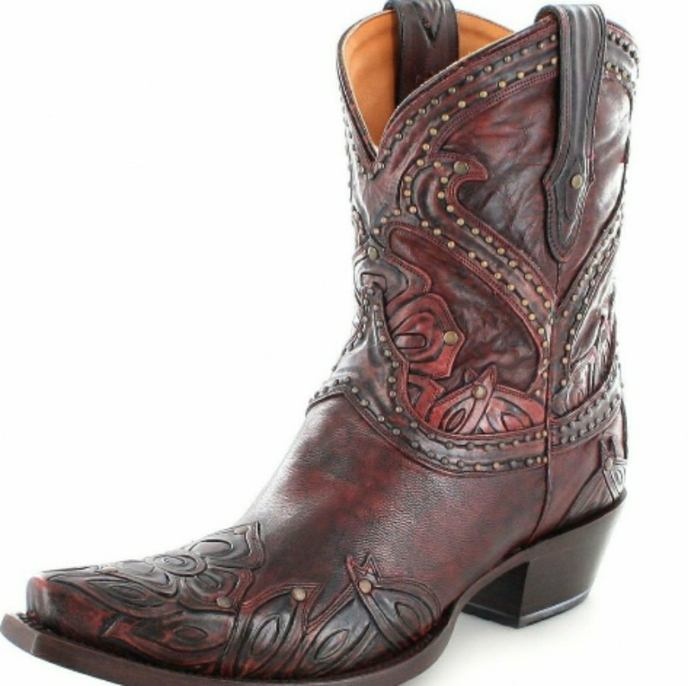 Lucchese red studded rose ankle cowboy booties