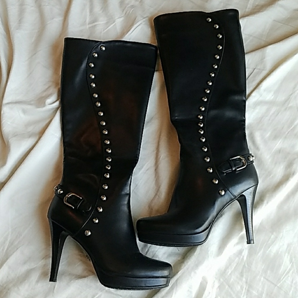 Black faux leather studded biker boots