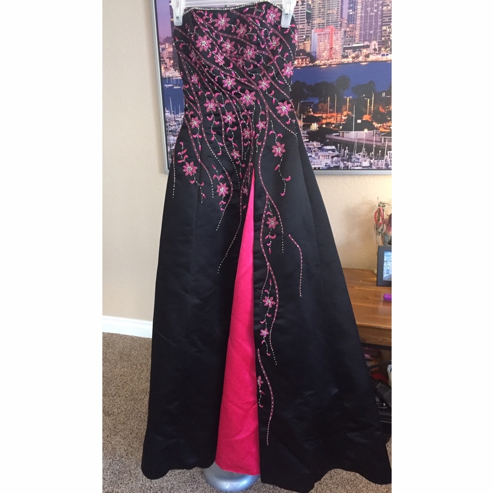 Xcite Black and Pink Rhinestone Flower Formal Gown
