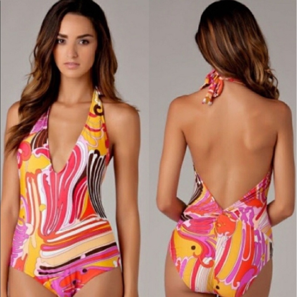 Trina Turk Bali Waves Plunging Neck One Piece