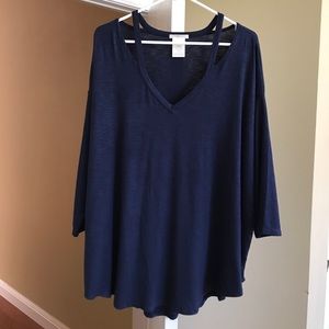 Navy blue high low shirt with peekaboo shoulders