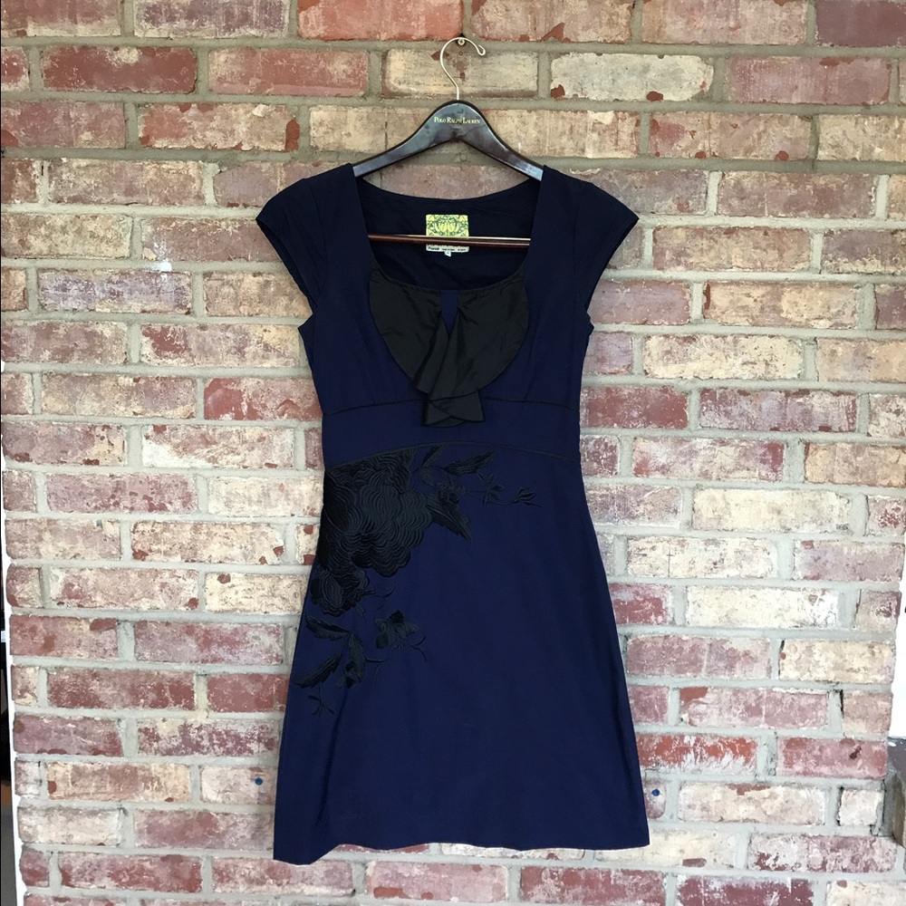 RARE Floreat Anthropologie Navy Embroidered Dress