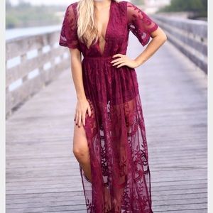 Wine colored Lace Maxi Romper
