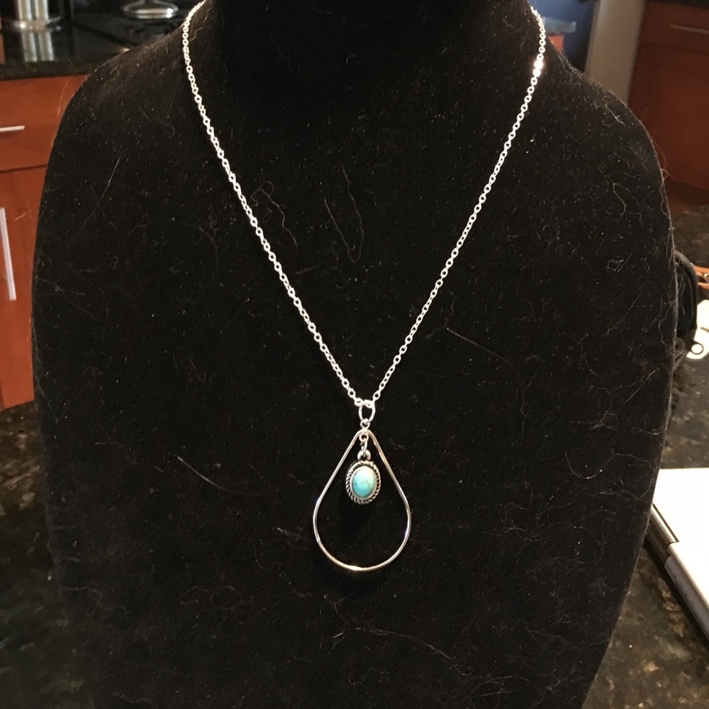 Silver tone & turquoise dangling teardrop necklace