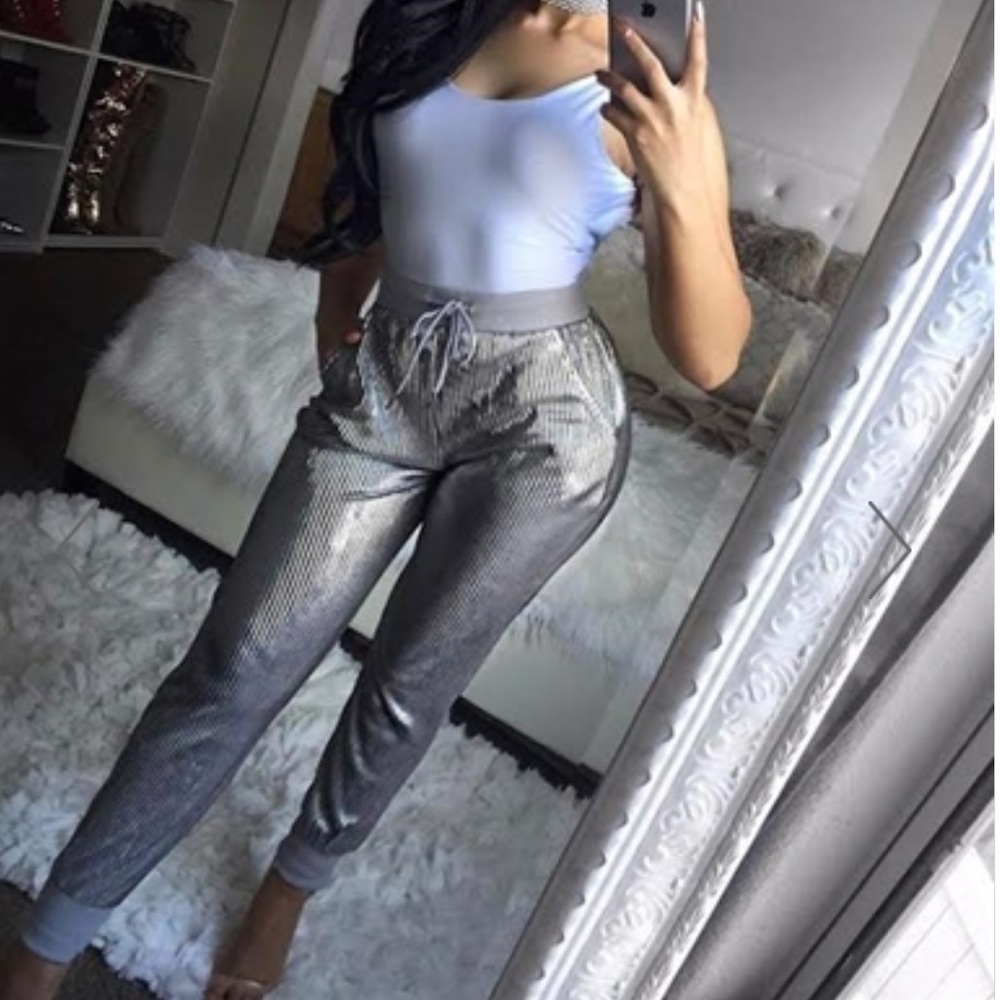 Silver metallic jogger pants