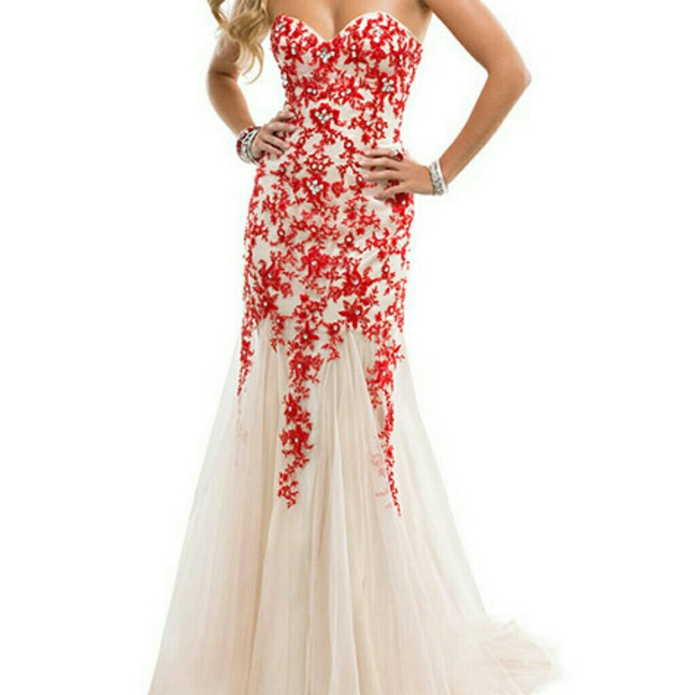 Nude/Red Corset Evening Gown