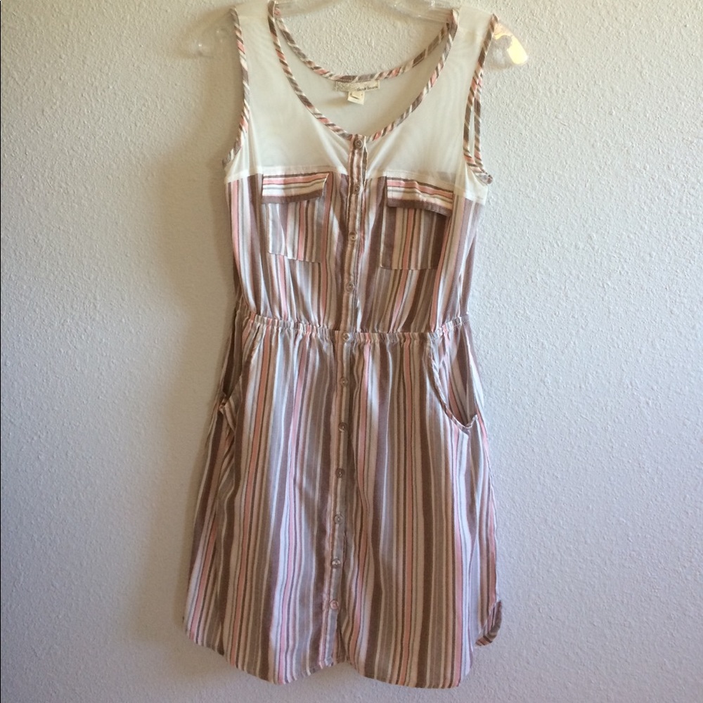 Plum/gray/pink striped sleeveless pocket dress