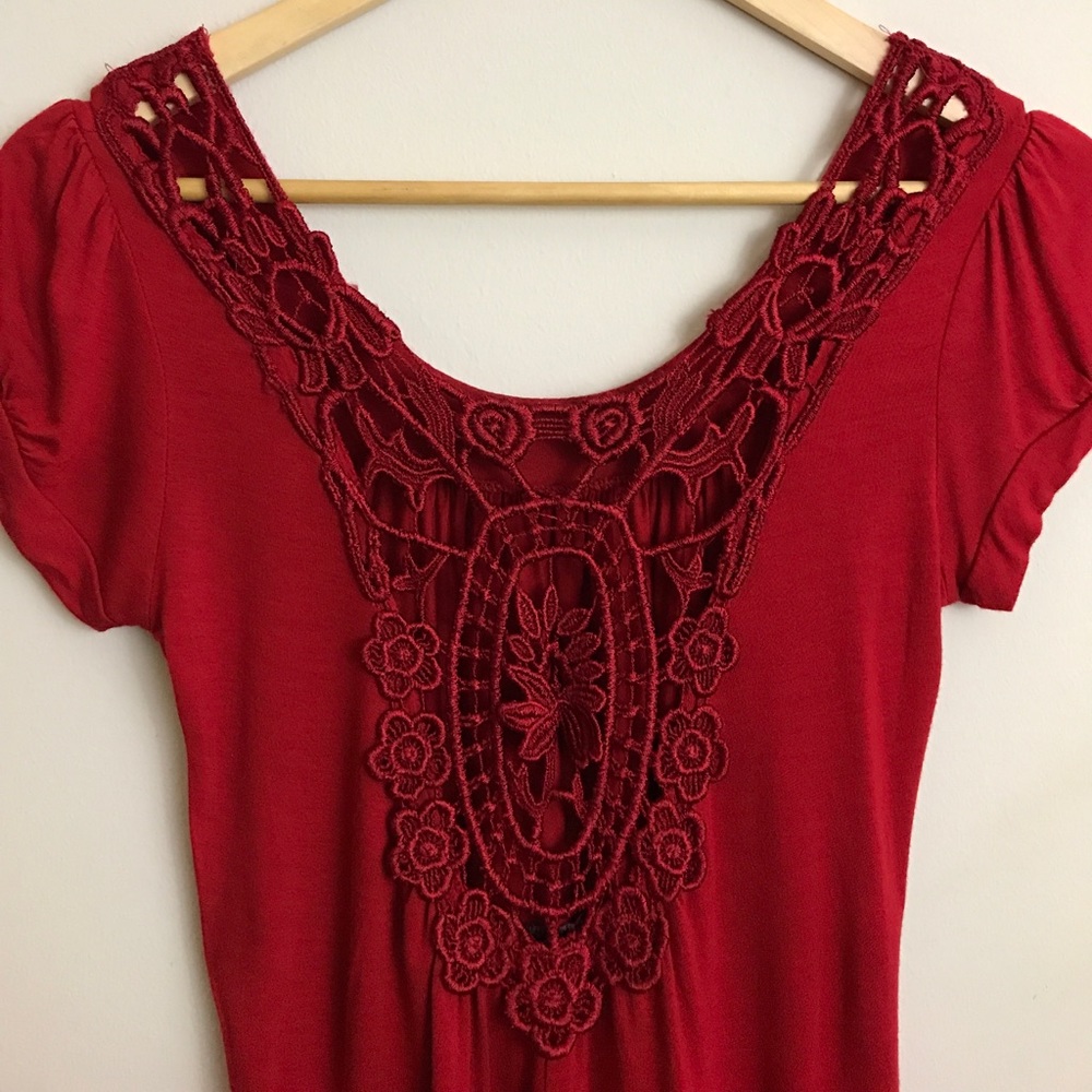 Red Crochet Floral Scoop Back Top