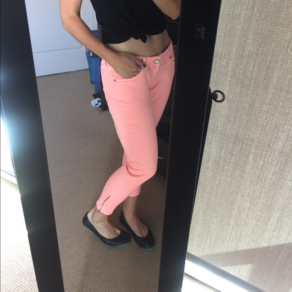 Neon pink denim jeans