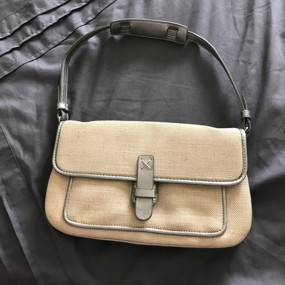Small tan and silver Ann Taylor Loft shoulder bag.