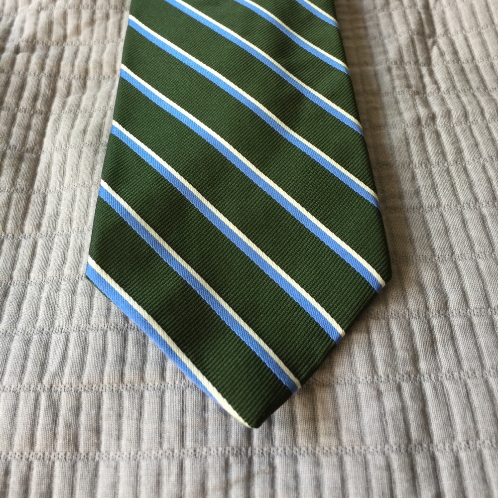 Green Brooks Brothers tie with pinstripe