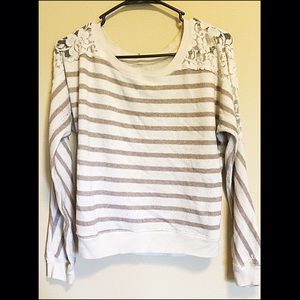 Cream and tan striped pullover w/ lace shoulders