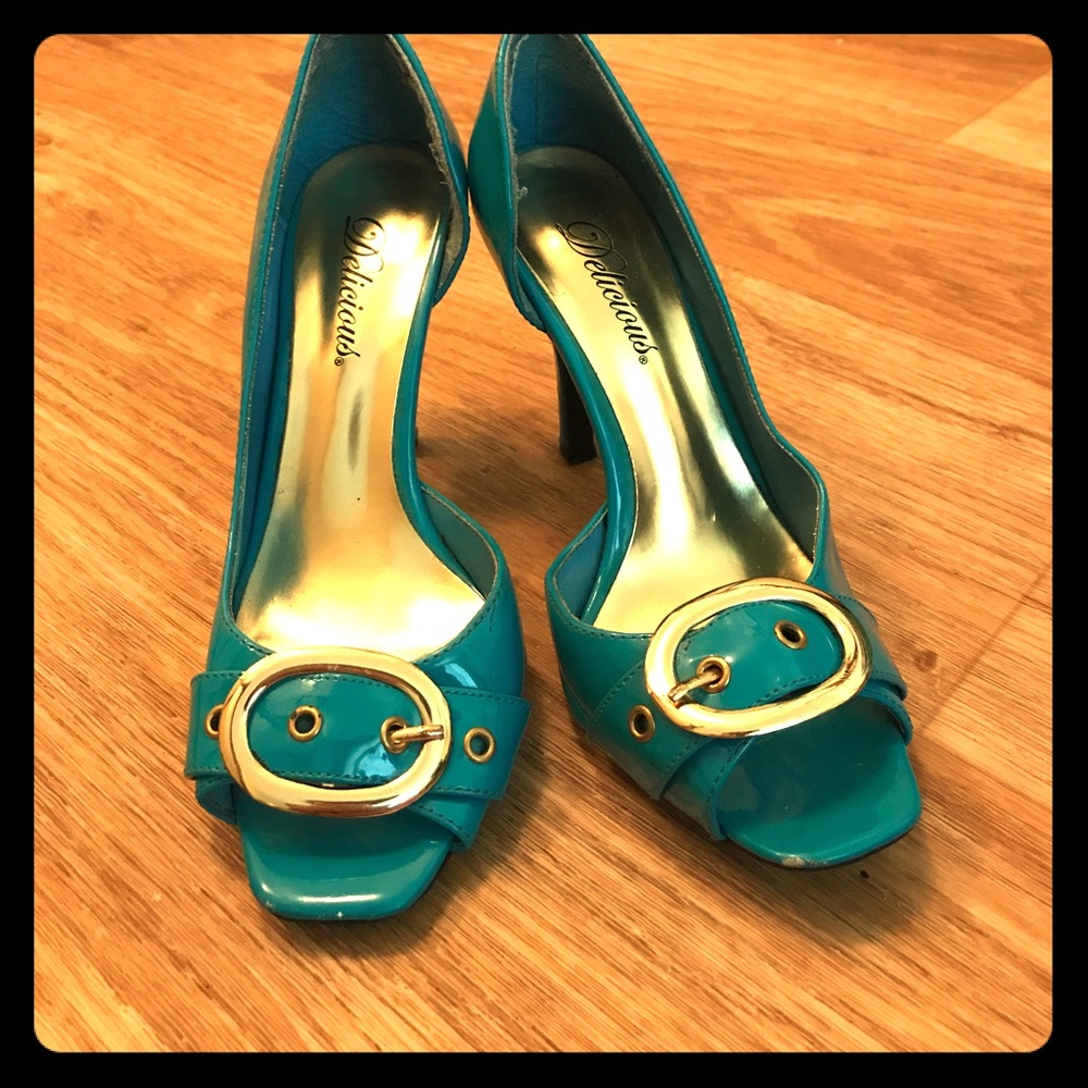 Teal and gold heels