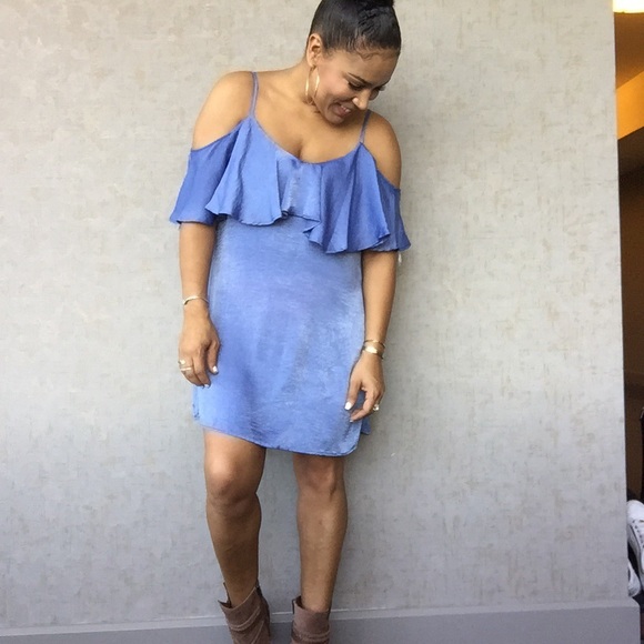 Blue off-shoulder dress w/spaghetti straps, NWT - Picture 3 of 5