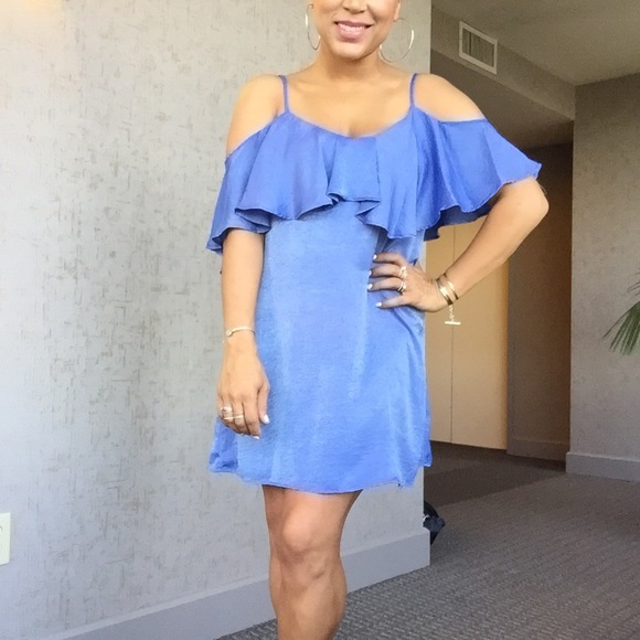 Blue off-shoulder dress w/spaghetti straps, NWT - Picture 2 of 5