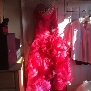 Low-high ruffled, lace-up back w/ embroidery