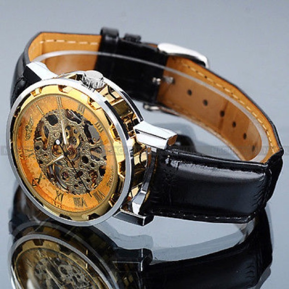 Classic Men's Gold Dial Skeleton Mechanical Watch