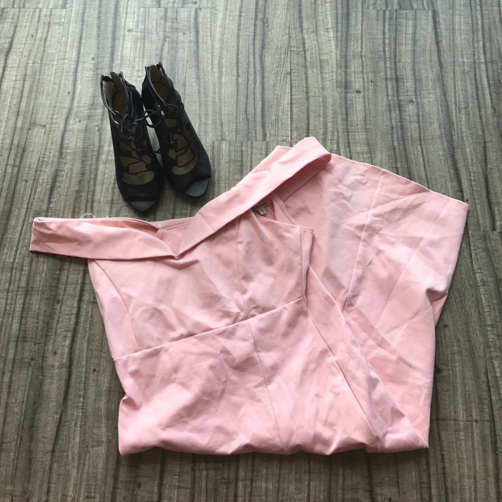 Medium off the shoulder light pink dress with slit